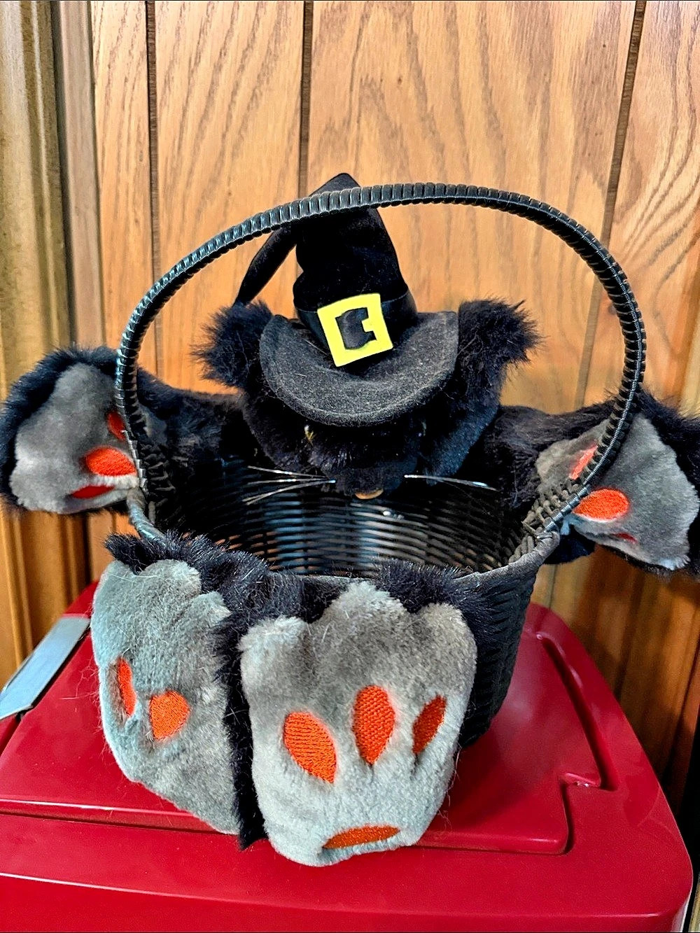 Vintage Black Cat Witch Hat Plush Wicker Candy Basket Black